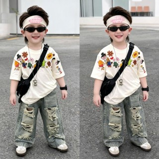 Set áo thun quần bò dài ống xuông rách cho bé trai hoa lá nhiều chi tiết phong cách hàn quốc,TPKIDS,[M1054]