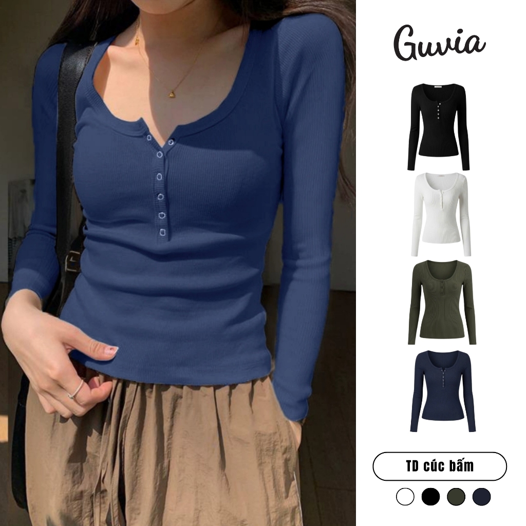 Áo Thun Tay Dài Cổ Vuông Cúc Bấm Ôm Body, Áo Thun Tay Dài Kiểu Sexy GUVIA ADD35