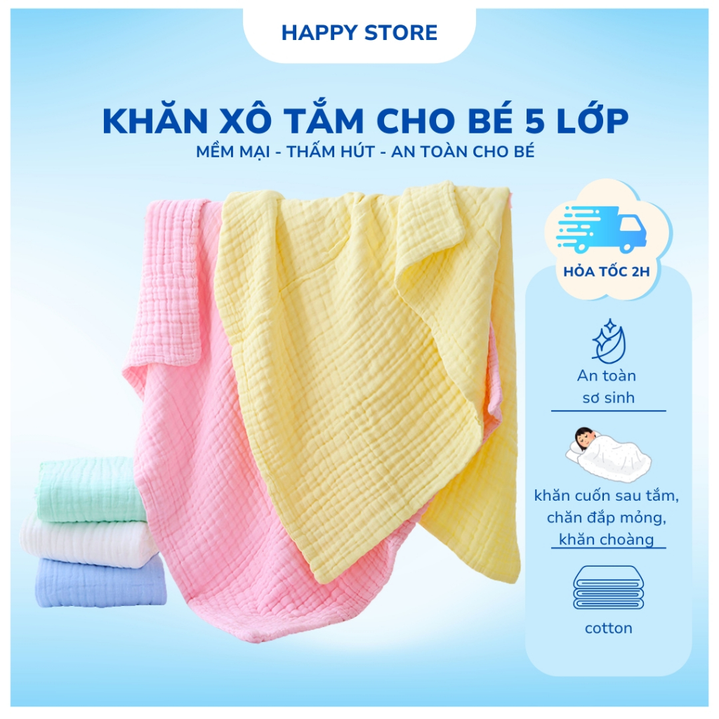 Khăn xô tắm cho bé Jubon 5 lớp màu trơn, khăn tắm sơ sinh mềm mại dùng quấn, choàng A79 Happy Store