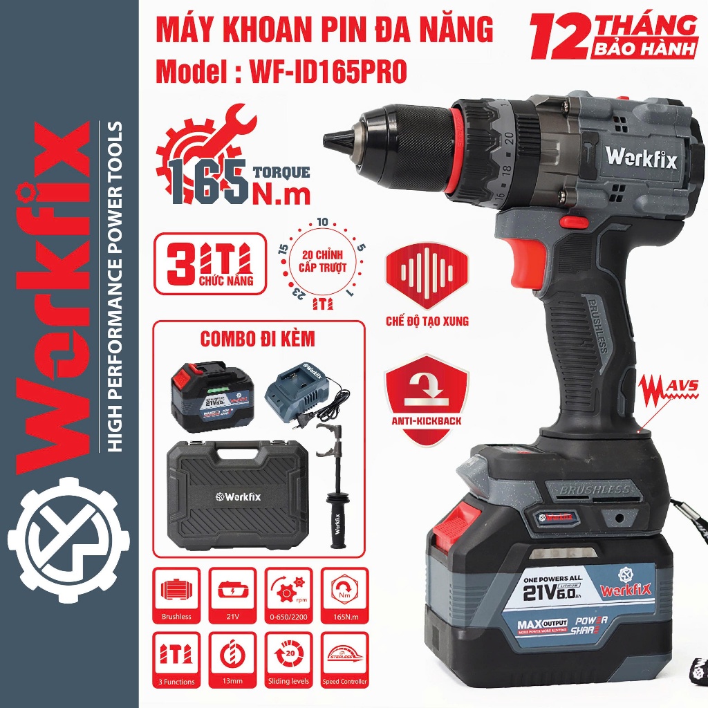 [AVS] Máy Khoan Không Dây Workfix WF-ID165PRO, Lực Siết 165Nm, Có tạo xung, Antikickback - Giảm rung
