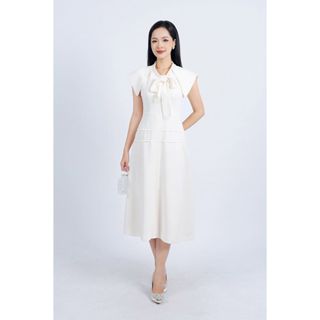  FDC34161 - Đầm công sở vải thô dáng suông lót habutai vai chờm phối vạt cổ tròn thắt nơ tạo kiểu khoá thân sau - PANTIO 