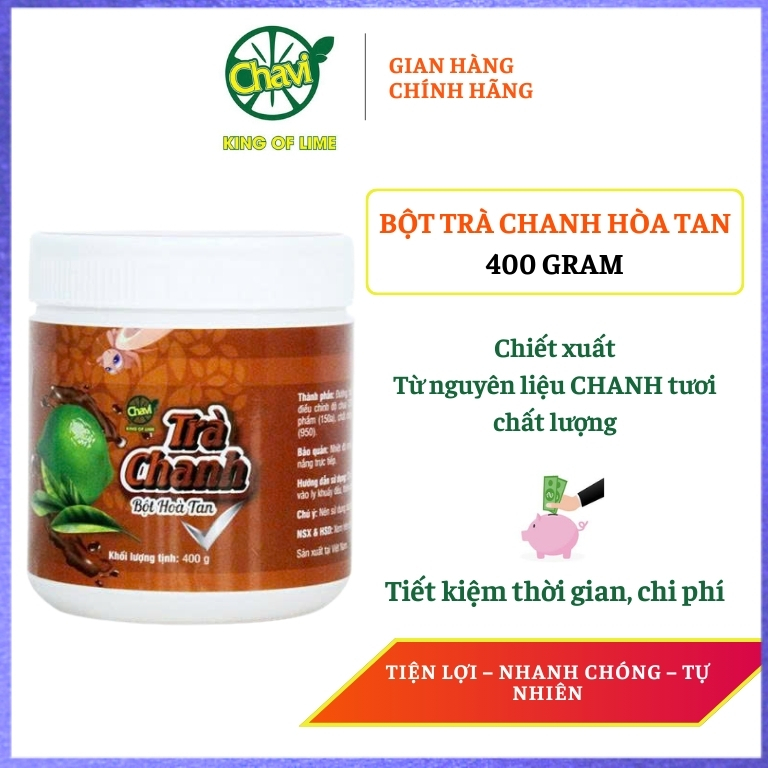 Bột trà Chanh hòa tan Chavi hũ 400g – Chiết xuất từ chanh tươi chất lượng, tạo vị chua tự nhiên.