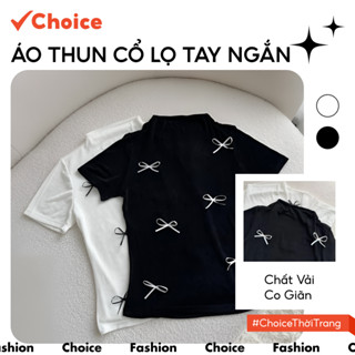 [Choice] Áo Thun Cổ Lọ, Tay Ngắn HT24 Vải Nhũ Mềm, Đính Nơ Điệu Đà, Form Ôm Body Tôn Dáng, Trẻ Trung