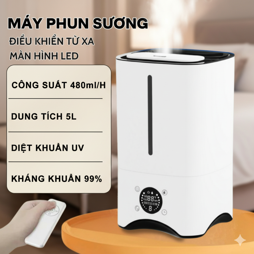 Máy Phun Sương Tạo Ẩm Không Khí Cao Cấp 5L, Máy Tạo Ẩm Không Khí Khuếch Tán Tinh Dầu, Máy Phun Sương Diệt Khuẩn 99%