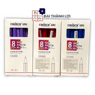  Hộp 12 cây bút gel đầu bấm Chosch CS-8698 mực đậm và đều  mực Xanh Tím Đỏ  