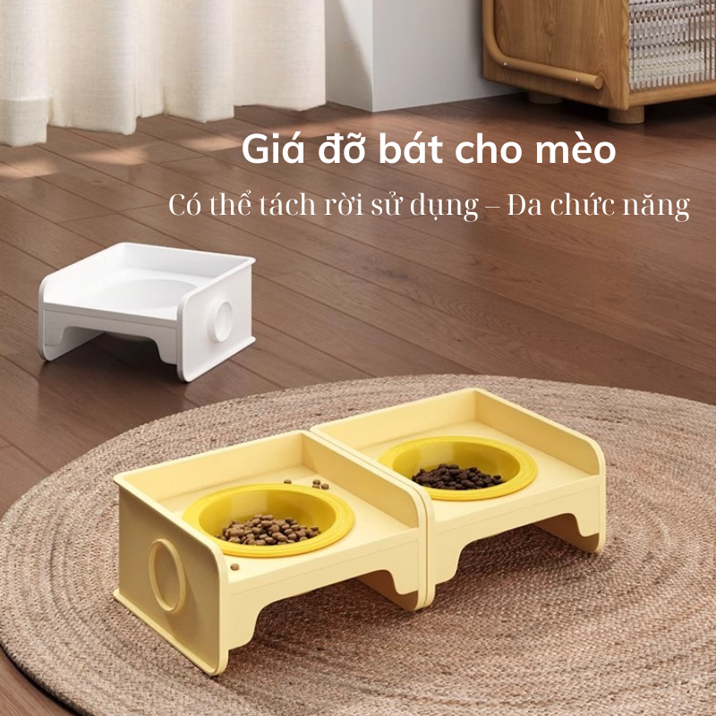 Khay đựng thức ăn chống gù cho thú cưng bát đựng thức ăn bằng sứ kèm khay chống tràn thức ăn cho chó