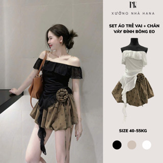  Set Áo Trễ Vai Bánh Bèo Mix Chân Váy Bí Kèm Tag Hoa  HANA _ LN0031 