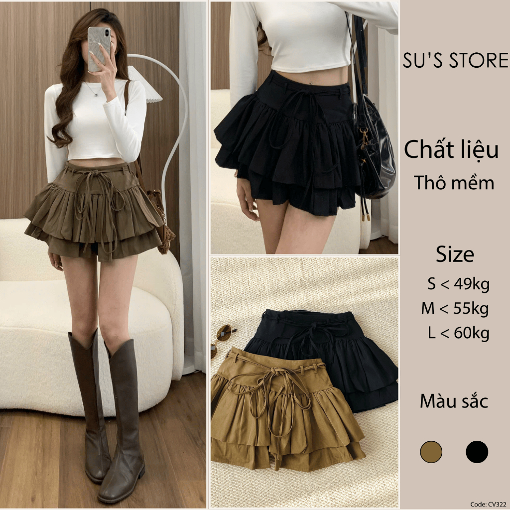 Chân Váy Cạp Cao Xếp Tầng Dáng Xoè Kèm Đai Dây Nơ Khoá Sườn CV322 Su Chang Thời Trang Nữ