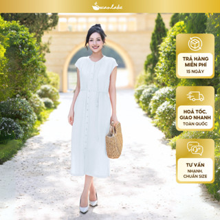 SWANLAKE | Váy Đầm Nữ Midi Vải Linen Trơn Sát Nách Cổ Tròn Nút Trước Ngực Đuôi Cá Cột Dây D12500
