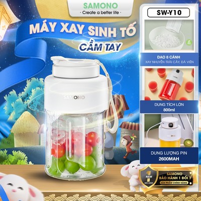Máy Xay Sinh Tố Cầm Tay Mini Samono SW-Y10 Sạc Tích Điện 2600mAh, 60W, Nhỏ Gọn Dung Tích 800ml, dao inox 8 cánh, 2 nắp
