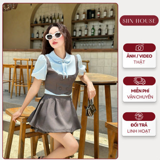 Sét bộ tiểu thư áo sơ mi cộc tay kèm cài nơ + chân váy xòe D0167 - Siin House