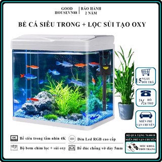  Bể cá mini đúc trong suốt có nắp trọn bộ đèn máng lọc máy lọc sủi oxy cho cá cảnh bể kính siêu trong chống vỡ để bàn 