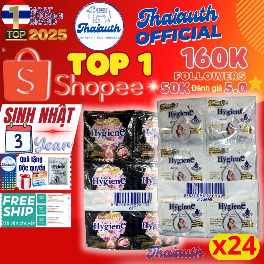Dây 24 gói nước xả Hygiene nội địa Thái Lan 20ml với các màu hot nhất hiện nay từ Hygiene Official