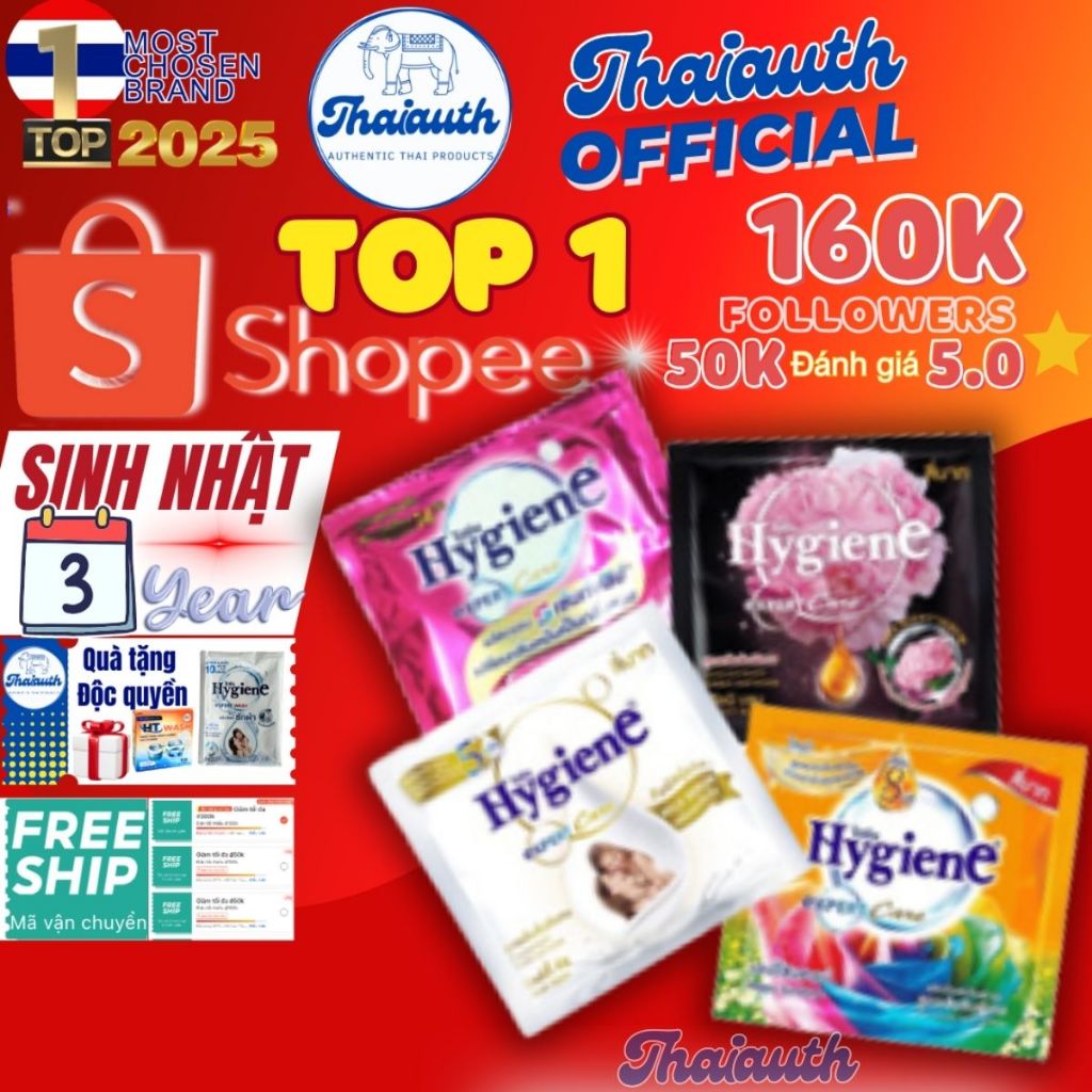 [Set 12 gói] Nước xả vải đậm đặc Hygiene Thái Lan gói 20ml siêu thơm sử dụng tiết kiệm