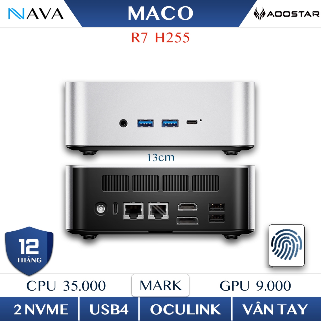 Mini PC AOOSTAR MACO R7 H255 – Ryzen 7 H255, RAM DDR5, Vân Tay, OCuLink, 2.5G LAN, USB4