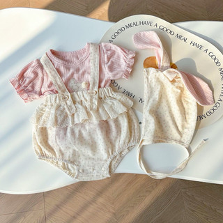 [KÈM MŨ TAI THỎ] Ảnh thật Set áo tay bèo hồng hoạ tiết thỏ kết hợp quần bí dây đeo phối viền bèo dễ thương cho bé gái