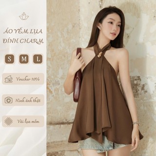  Áo yếm lụa đính charm vàng sang trọng áo cổ yếm chất liệu lụa mềm form rộng phong cách thanh lịch_A0008 