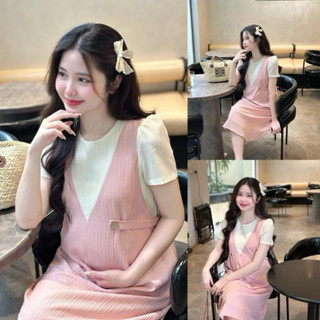  EVERMOM l Đầm bầu Lime yếm liền công sở có đai cột nơ cho mẹ mang bầu 