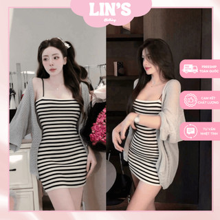  Set váy kẻ 2 dây ôm body kèm áo len mỏng khoác ngoài xinh xắn 