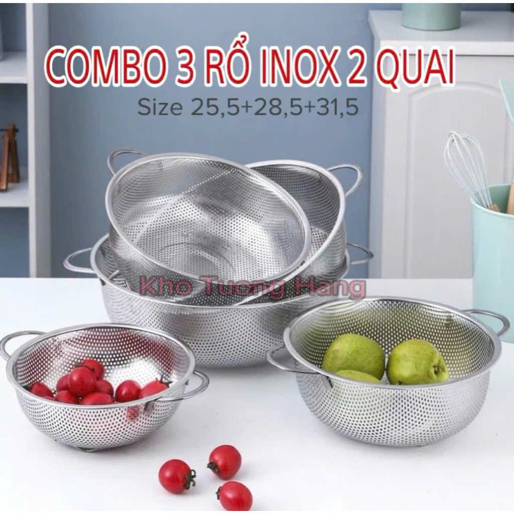 Set 3 Rổ inox 304 đa năng lỗ lưới nhỏ dày - Rổ tròn inox 304 có 3 chân cao ráo nước , Rá inox có quai treo
