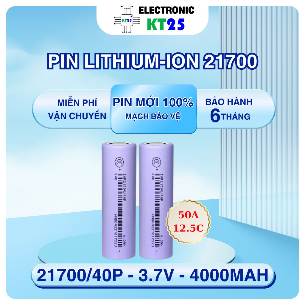 Cell pin Li-ion EVE 21700/40P 3.7V - 4000mAh dòng xả 12.5C dùng cho xe điện, đèn pin, robot