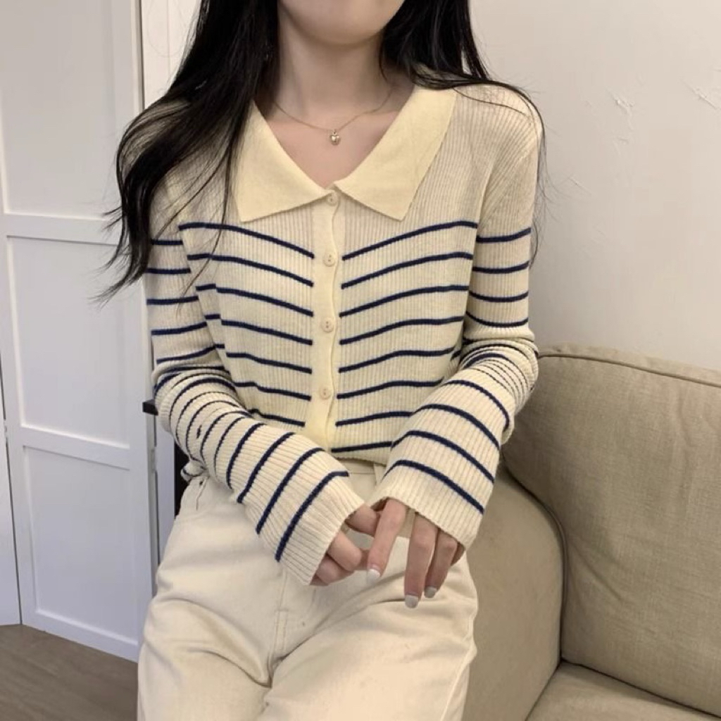 (Giá mở bán) áo len mongtoghi dài tay hoạ tiết kẻ ngang cổ bẻ | BigBuy360 - bigbuy360.vn