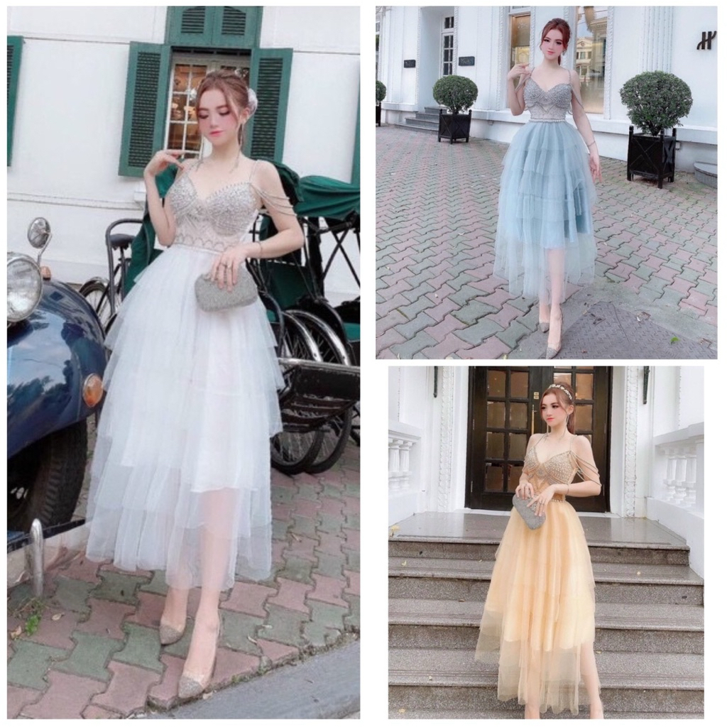 Đầm dự tiệc 2 dây kết đá sang trọng TRIPBLE T DRESS phối tùng lông vũ - size M/L - MS263V