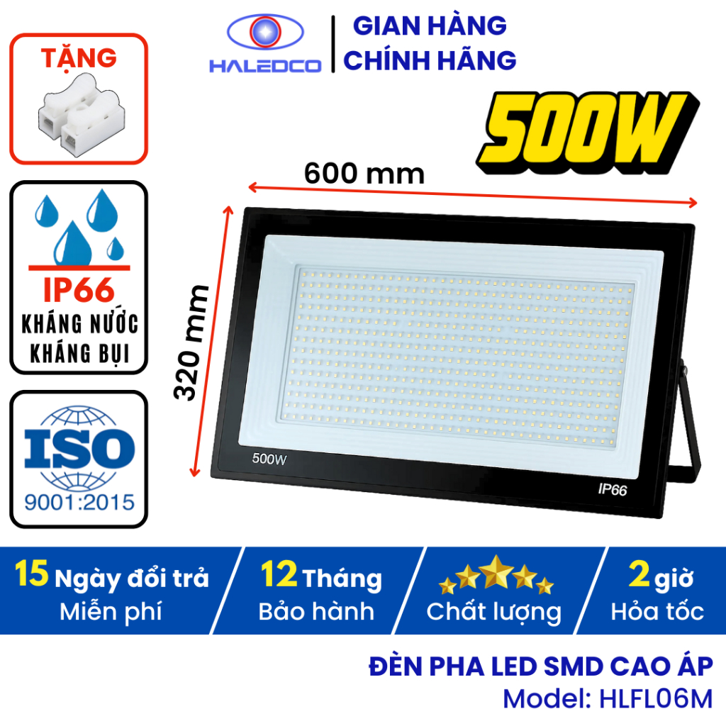 Đèn Pha LED 500W Haledco Chiếu Sáng Ngoài Trời - Diện Tích Phủ Sáng Lớn, Dùng Kho Bãi, Công Nghiệp