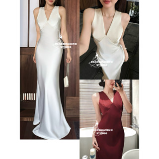  Đầm lụa dáng dài cổ V cột eo không tay quyến rũ sang trọng thanh lịch dự tiệc sang chảnh 