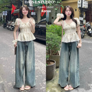 Quần jean nữ Xanh Ánh Bạc ống suông rộng Cao Cấp Daisy, quần jeans Wash Smoke vải denim phong cách Retro Hàn Quốc 2025