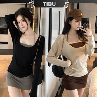  Set Đầm Body Cổ Yếm Phối Áo Thun Cổ Tròn TIBU Set Đồ Nữ Đơn Giản Đi Chơi Dạo Phố Thu Đông B605 