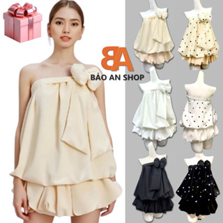 Bảo An Shop SB-01. Sét Áo Ống Bi To Phối Nơ To & Chân Váy Bí Lưng Thun Có Quần Trong Chất Vải Voan Lụa 3 Size S M L