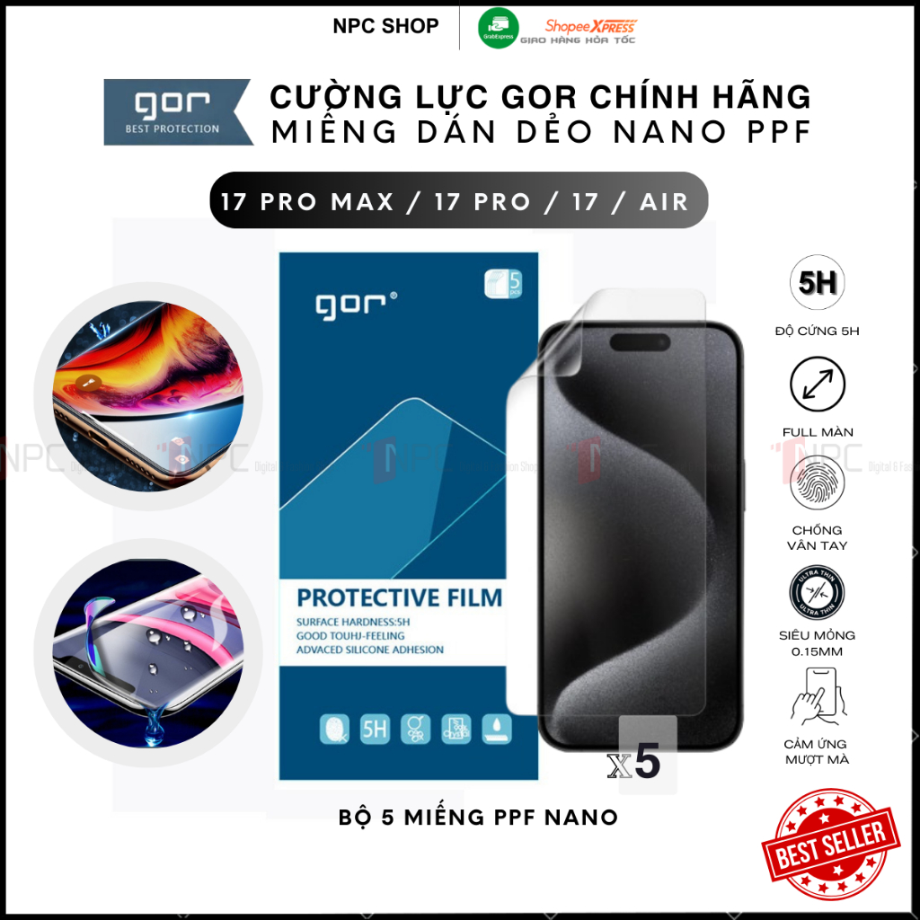 Bộ 5 miếng dán dẻo GOR HD Crystal Shield chính hãng dành cho iPhone 17 Pro Max 17 Pro 17 và Air chốn