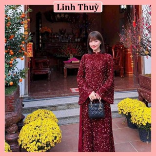  Áo Dài Kim Sa Đan Chi Dáng Suông Vải Nhung Kim Sa Cao Cấp 