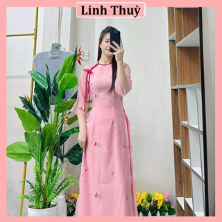 Áo Dài Cách Tân Kim Thuy 4 Tà Nữ Vải Tơ Thêu Hoa Cao Cấp Cổ Tròn Đính Nơ Khâu Cúc Cách Điệu Hàng May Sẵn