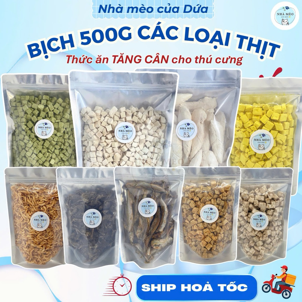   BỊCH LỚN 500G  - Gà miếng sấy khô viên rau xanh cá hồi sấy khô gan sấy khô trứng sấy khô cá sấy khô cho chó mèo 