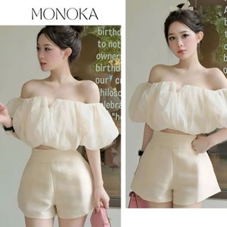  Set đồ nữ áo trễ vai bèo tầng voan tơ tiểu thư + quần short ngắn chất tafta chữ A Bộ đồ dự tiệc sang trọng T351G MONOKA 