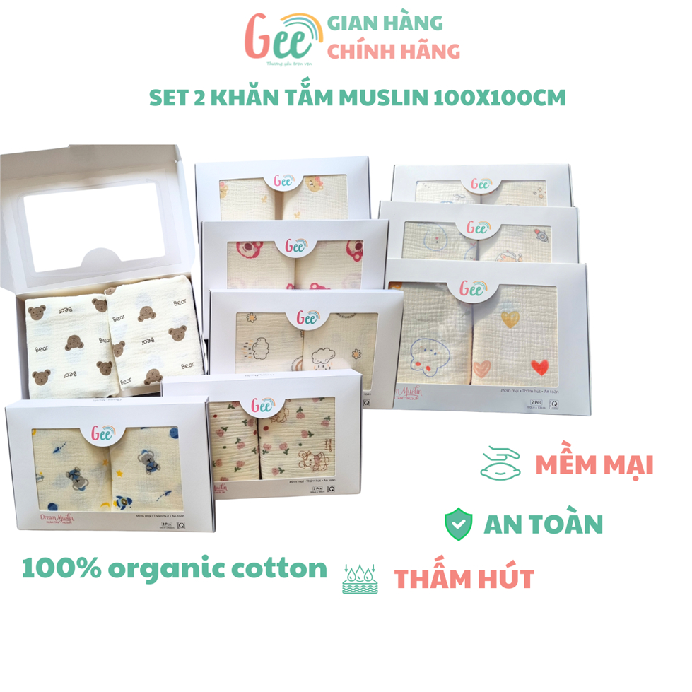 Set 2 KHĂN TẮM XÔ MUSLIN Gee 2 lớp mềm mại(có mix), thấm hút, an toàn, 100x100cm, 100% organic cotton, thân thiện với da