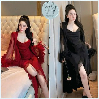  <55kg Đầm Ngủ JULY Sexy 2 Dây Xẻ Tà Phối Voan Tơ Kèm Áo Choàng Tay Lông Vũ Sang Chảnh Chất Lụa Mềm Mịn Freesize 