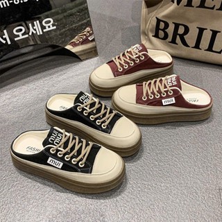  Giày Sục Nữ Đế Bằng Buộc Dây Cao  4 phân  Hở Gót Thời Trang Hai Mầu Đỏ Đen 