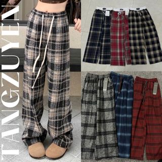  Quần ống rộng nam nữ kẻ caro dây rút chất dạ Quần dài ống suông thu đông sọc ô unisex đi học đi chơi noel T559G 