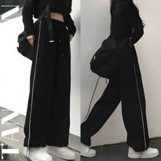 Quần ống rộng 1 sọc cạnh dày dặn dáng suông cạp chun nam nữ Quần jogger rút gấu unisex đen vạch trắng thể dục T47G