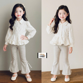  T49- set áo sơ mi babydoll xinh phối bèo kèm quần loe điệu dính nơ cho bé gái  9-33kg  