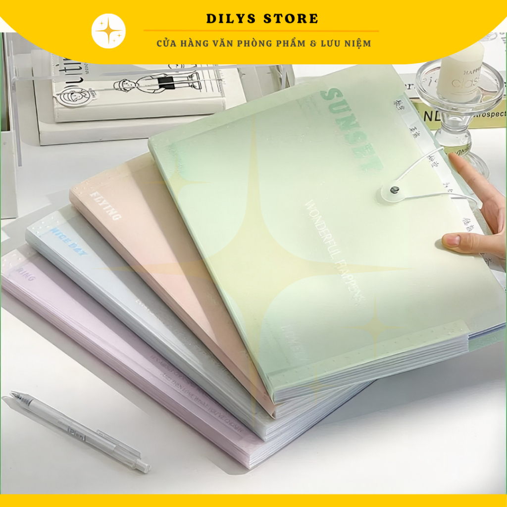 File đựng tài liệu A4 SUNSET Màu Pastel Bìa Ánh Nhũ 8 ngăn, bìa đựng tài liệu hồ sơ A4 tiện dụng
