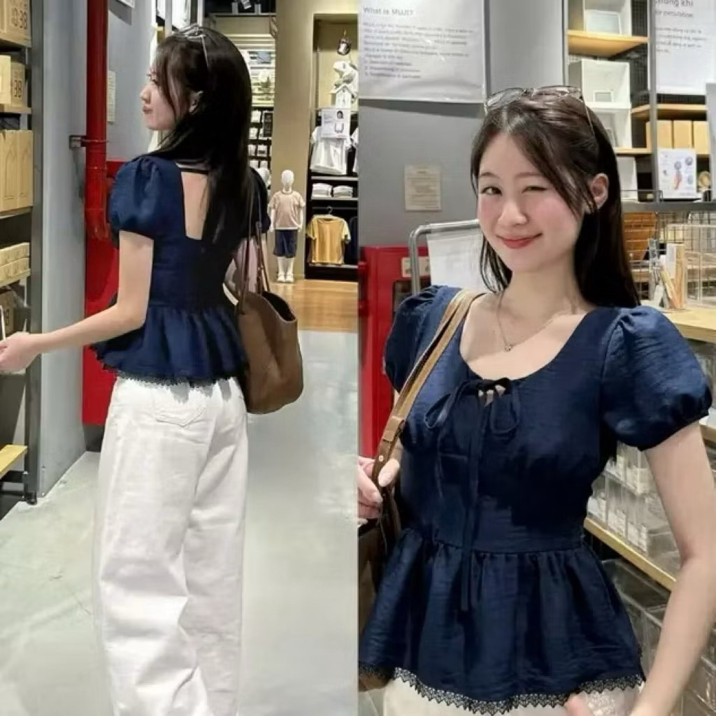 ÁO BABYDOLL MÀU XANH THAN TAY PHỒNG BO EO SIÊU SANG AY68