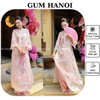  Áo dài cách tân Ngọc Ẩn 4 tà thêu sen ngư nổi dáng suông Set áo dài Tết dài tay đính khuy cổ tròn màu hồng GUM HANOI 