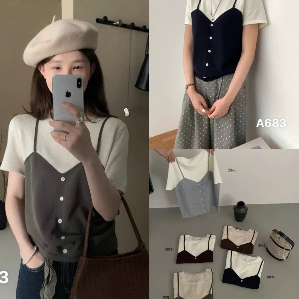 Áo Len Tay Ngắn Phối 2 Dây , Áo Thun Len Phối Màu Hàng Qcl1 Size S M - Halinh Shop