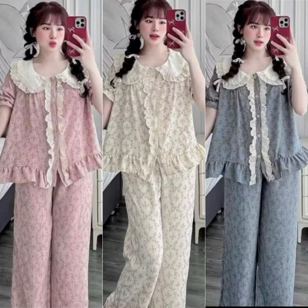 Set Bộ Ngủ Pijama Nữ Vải Đũi Vân Mây Đùi Hoạ Tiết Hoa Dây CD80