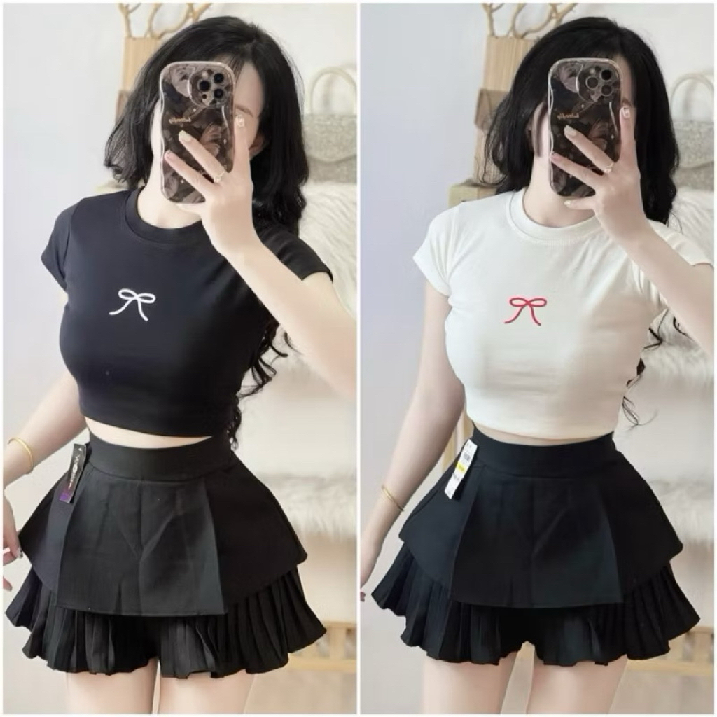 ÁO THUN CROPTOP IN NƠ NHỎ XINH KÈM CHÂN VÁY CRPE/v999