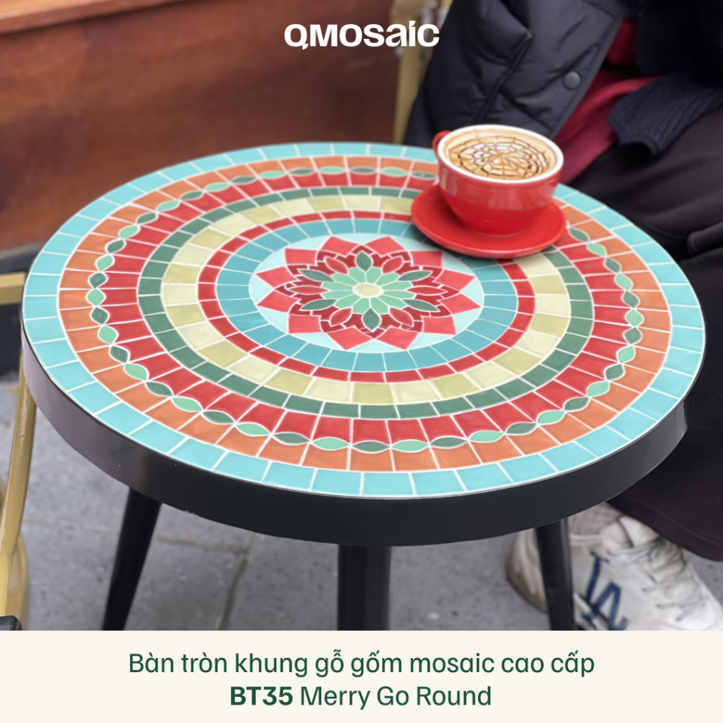 Bàn trà, cafe mosaic gốm mặt tròn Merry Go Round khung gỗ/sắt Qmosaic Bát Tràng 55cm x 45cm